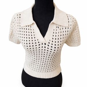 Willow & Wind Cream Open Knit Collared Sweater Top Size S Crochet V-Neck